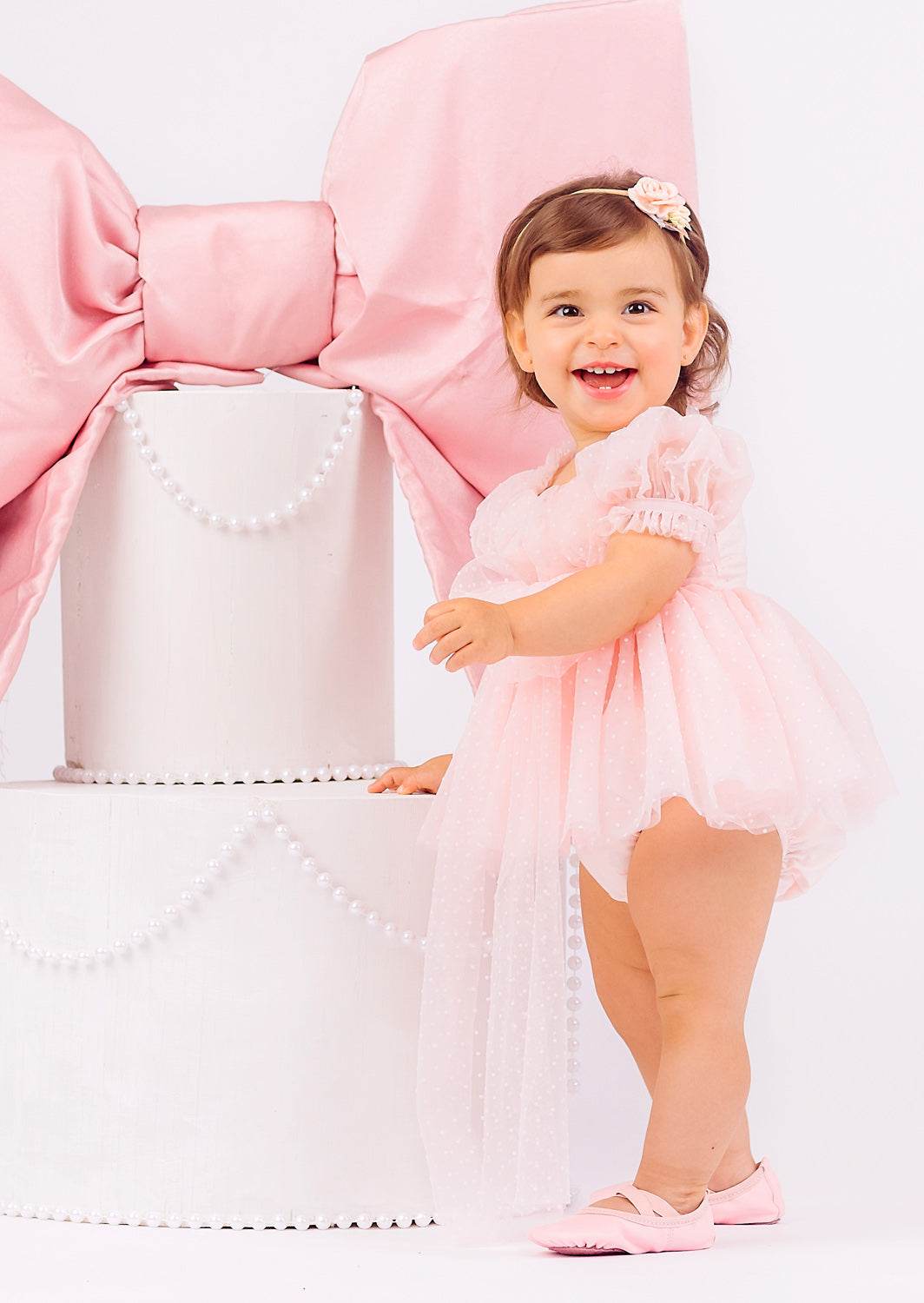 1st birthday baby girl Swiss Dot Romper in pink