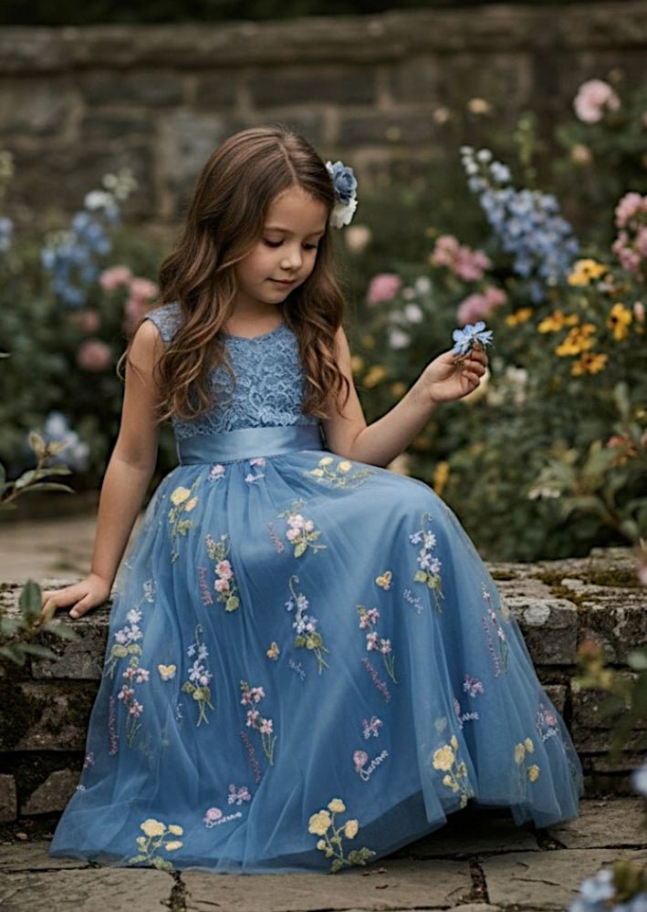 Dusty Blue Floral Flower Girl Dress Open Lace Back & Tulle Skirt