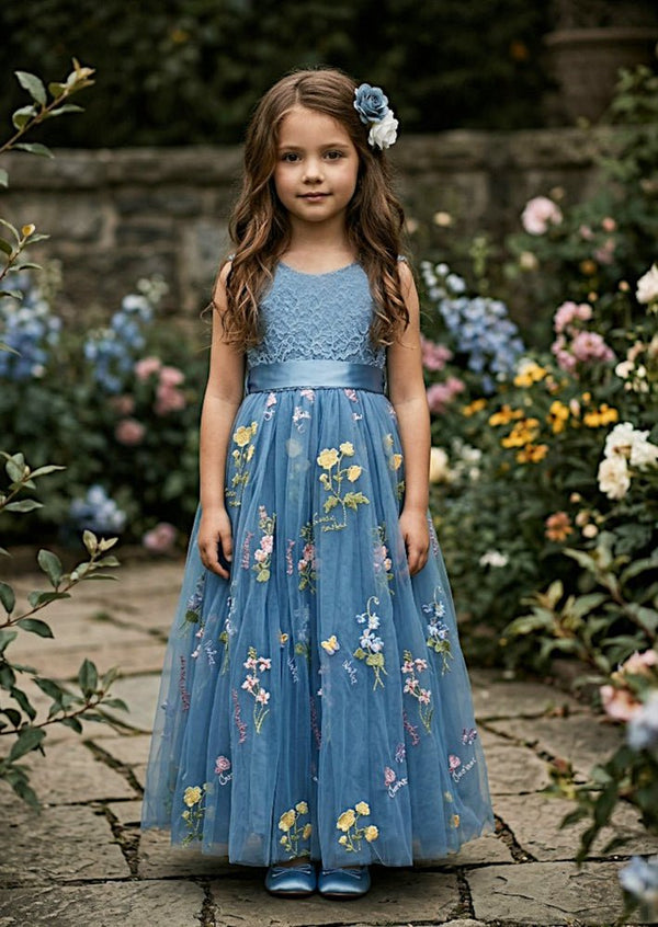 Floral Tulle Flower Girl Dress Dusty Blue Sleeveless - 