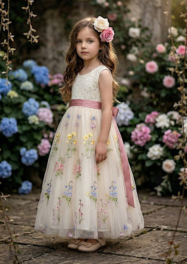 Floral Tulle Flower Girl Dress Ivory Sleeveless - 