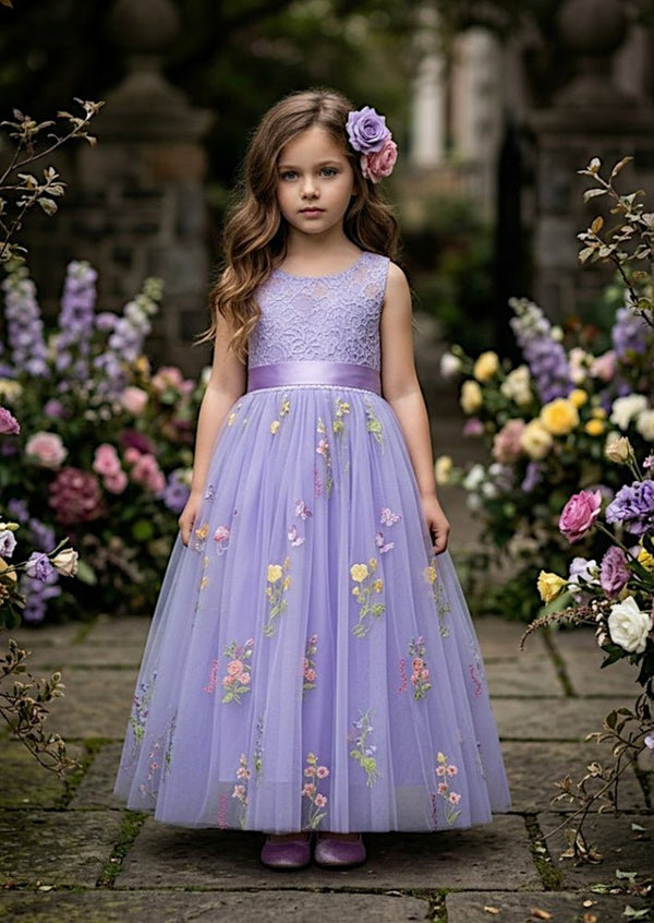 Floral Tulle Flower Girl Dress Lavender Sleeveless - 