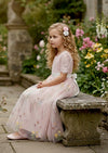 Floral Tulle Flower Girl Dress Pink Short Sleeve - 