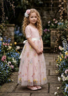 Floral Tulle Flower Girl Dress Pink Short Sleeve - 