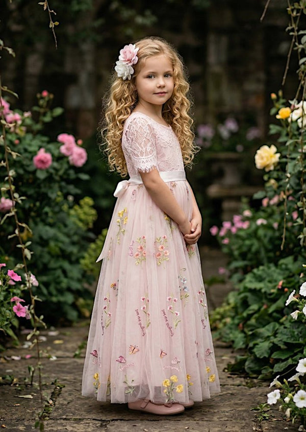 Floral Tulle Flower Girl Dress Pink Short Sleeve - 