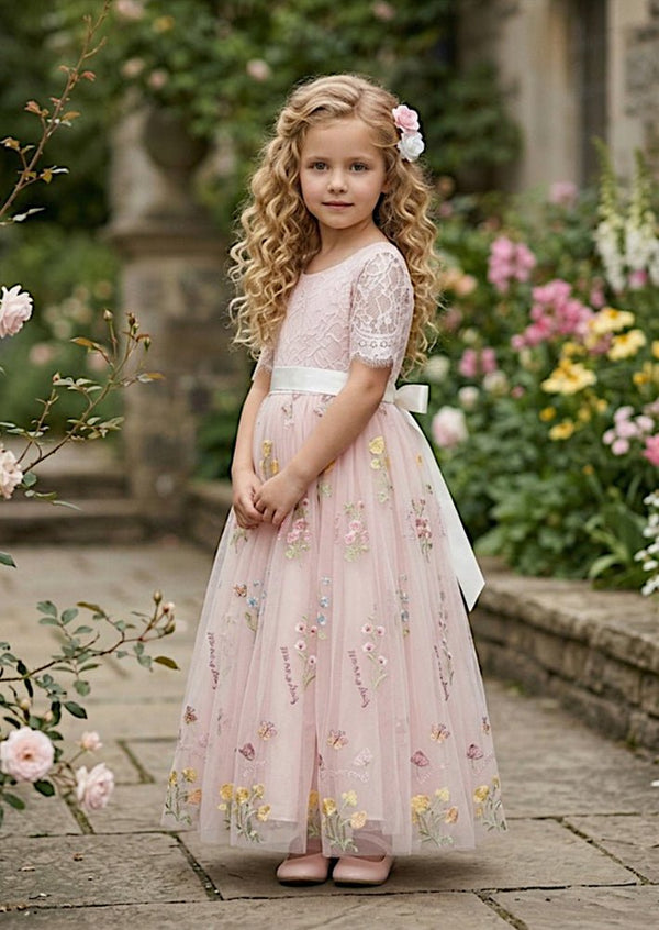 Floral Tulle Flower Girl Dress Pink Short Sleeve - 