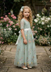 Floral Tulle Flower Girl Dress Sage Short Sleeve - 