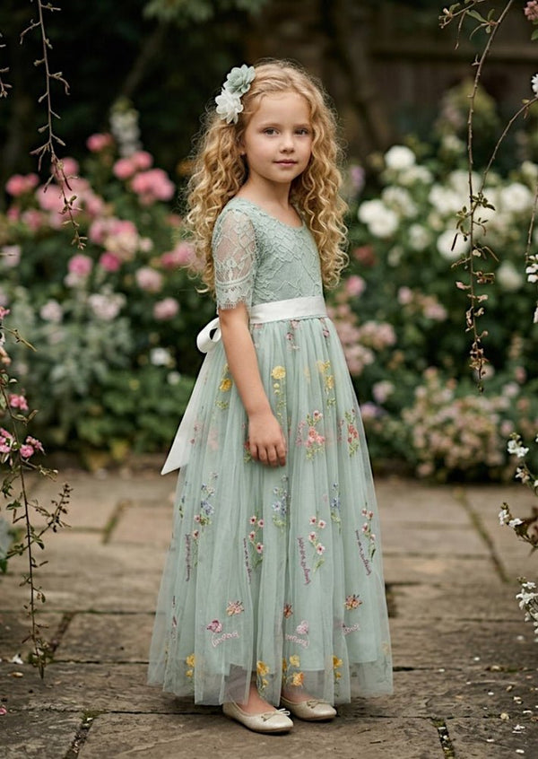 Floral Tulle Flower Girl Dress Sage Short Sleeve - 