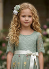 Floral Tulle Flower Girl Dress Sage Short Sleeve - 