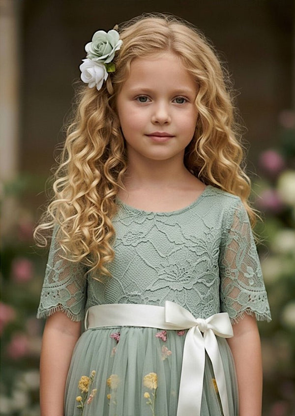 Floral Tulle Flower Girl Dress Sage Short Sleeve - 
