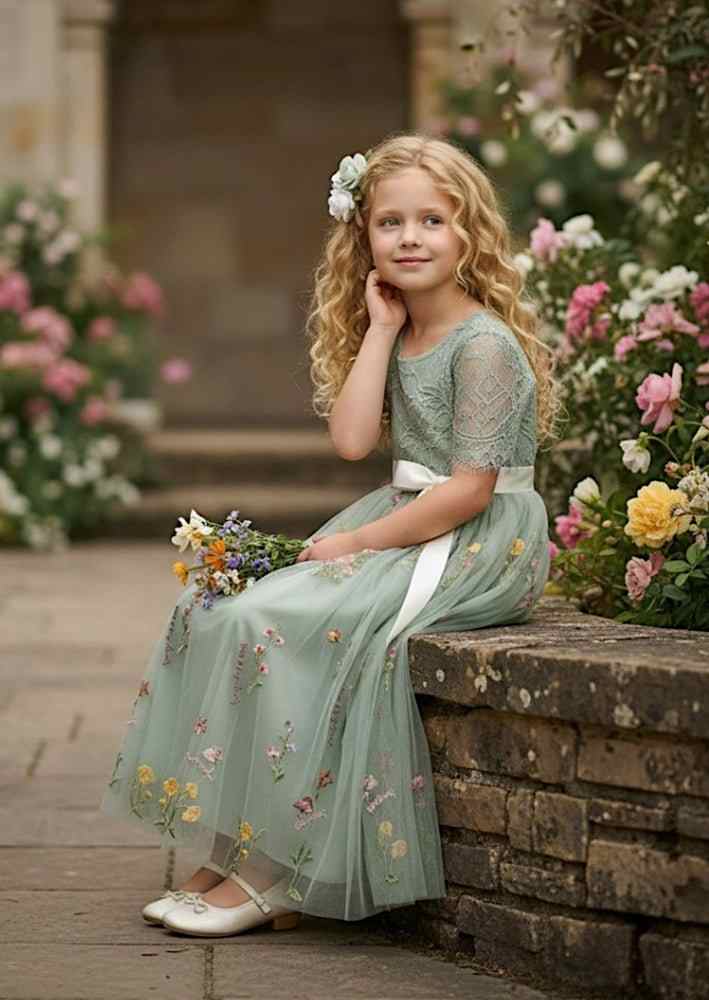 Floral Tulle Flower Girl Dress Sage Short Sleeve - 