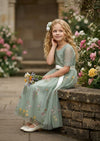 Floral Tulle Flower Girl Dress Sage Short Sleeve - 