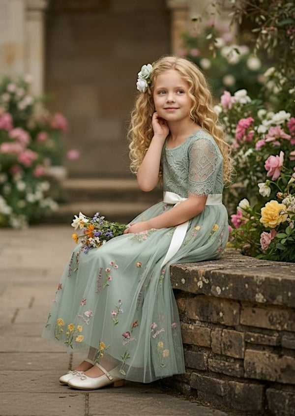 Floral Tulle Flower Girl Dress Sage Short Sleeve - 