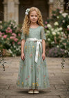 Floral Tulle Flower Girl Dress Sage Short Sleeve - 