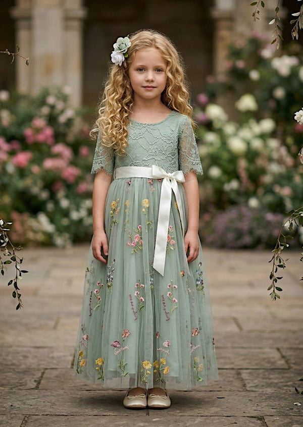 Floral Tulle Flower Girl Dress Sage Short Sleeve - 