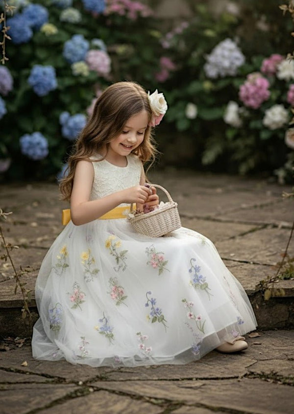 Floral Tulle Flower Girl Dress White Sleeveless - 