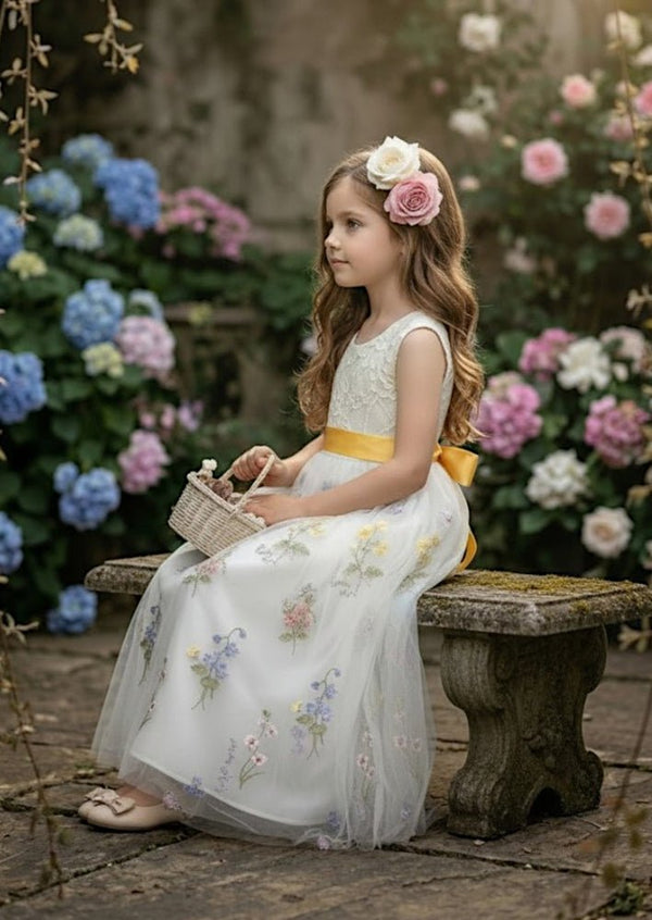Floral Tulle Flower Girl Dress White Sleeveless - 