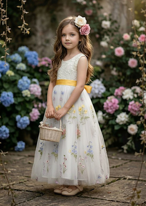 Floral Tulle Flower Girl Dress White Sleeveless - 