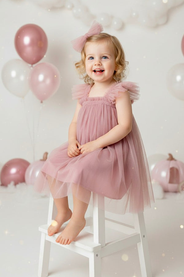 Flutter Sleeve Tulle Cake Smash Tutu Dress in Dusty Pink