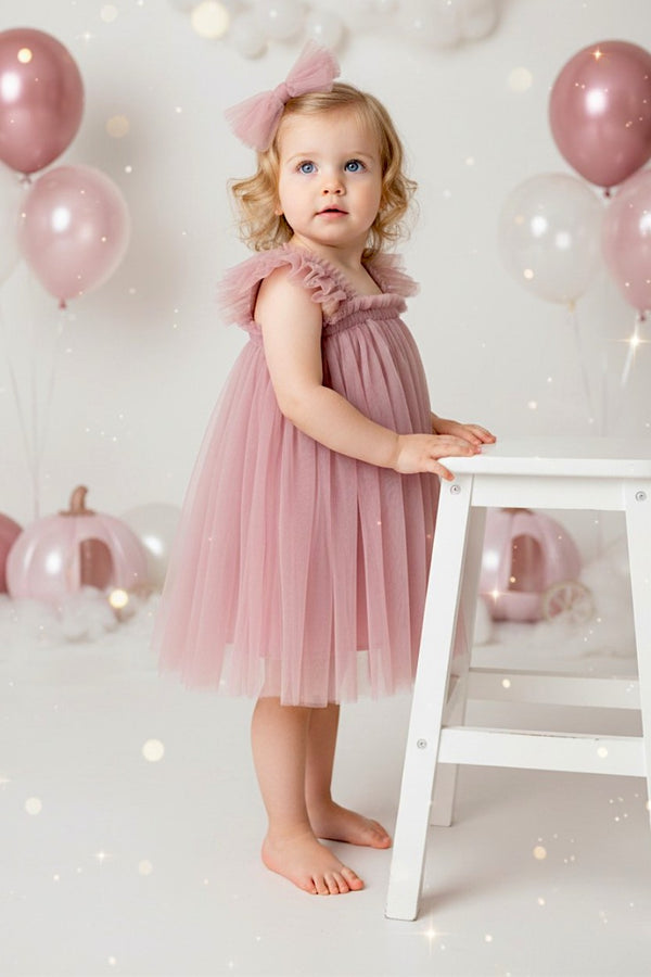 Flutter Sleeve Tulle Cake Smash Tutu Dress in Dusty Pink