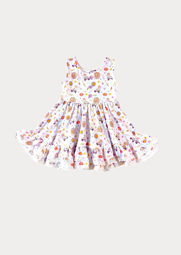 Fun Prints Skates Twirl Dress Pink Lavender - 