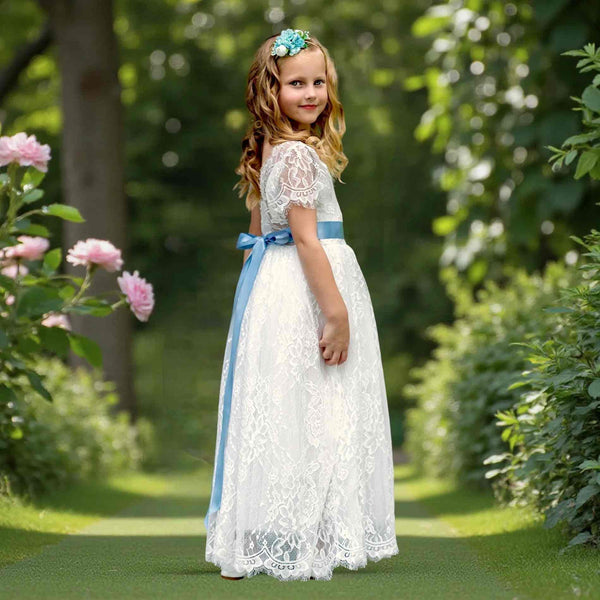 White all-over lace flutter sleeve flower girl dress for weddings