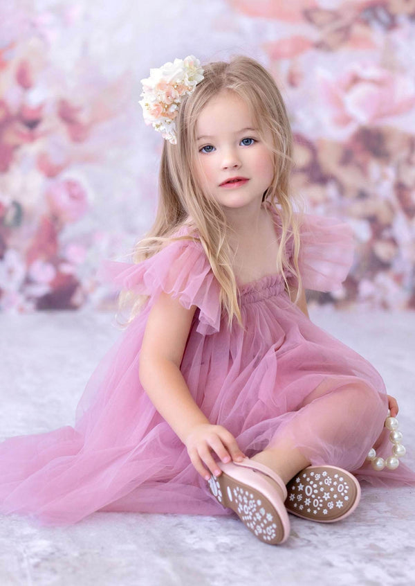 Girls Flutter Sleeve Tulle Dress Dusty Pink - 