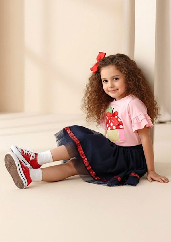 Girls School Apple Pencil Top & Mesh Skirt Set - 