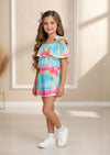 Sunset Swirl Tie‑Dye Girls Romper with Pom‑Pom Trim
