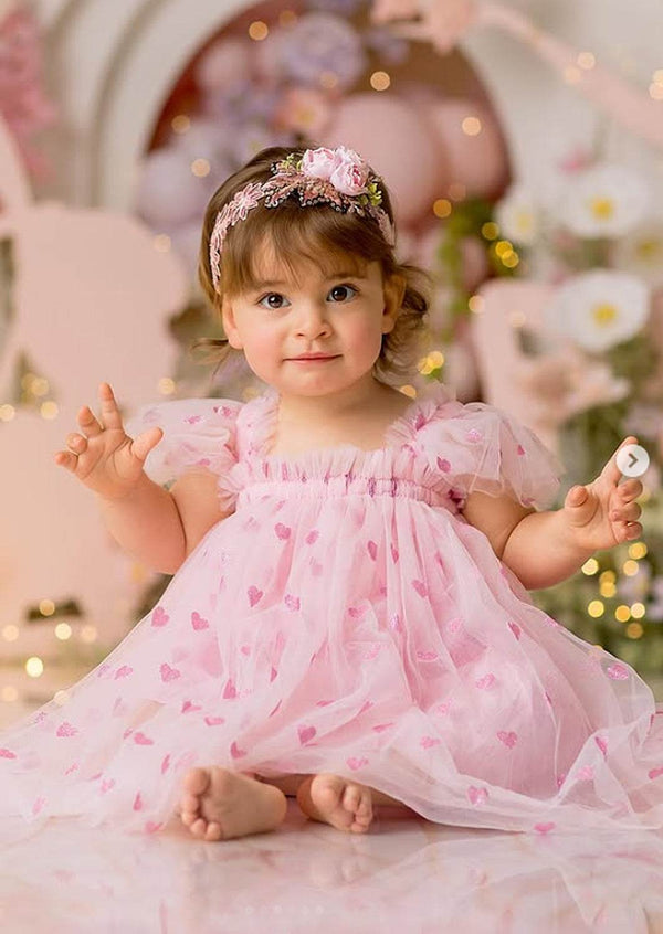 Glitter Hearts Cake Smash Birthday Dress || Pink - 