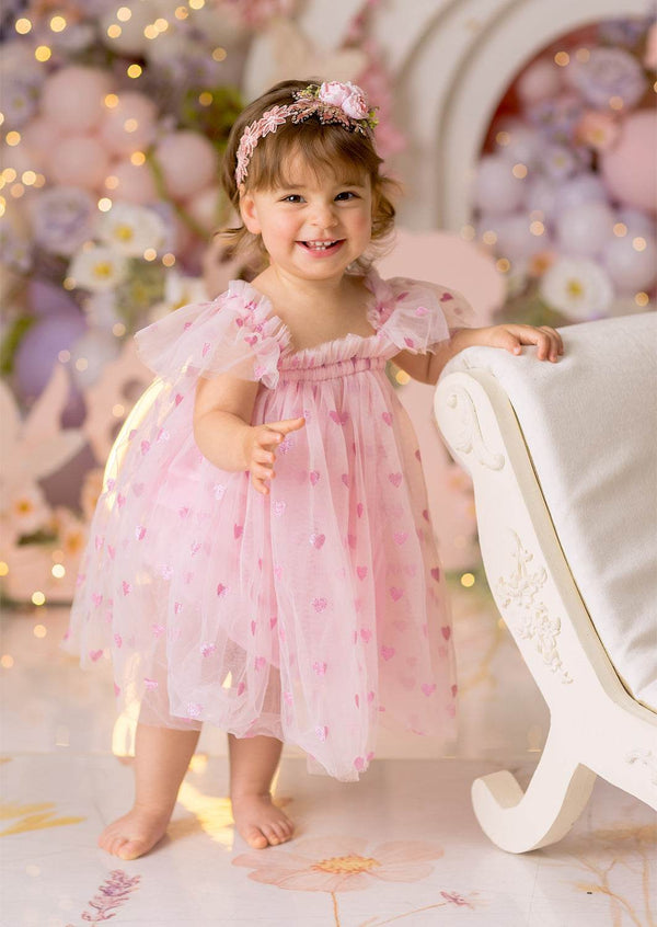 Glitter Hearts Cake Smash Birthday Dress || Pink - 