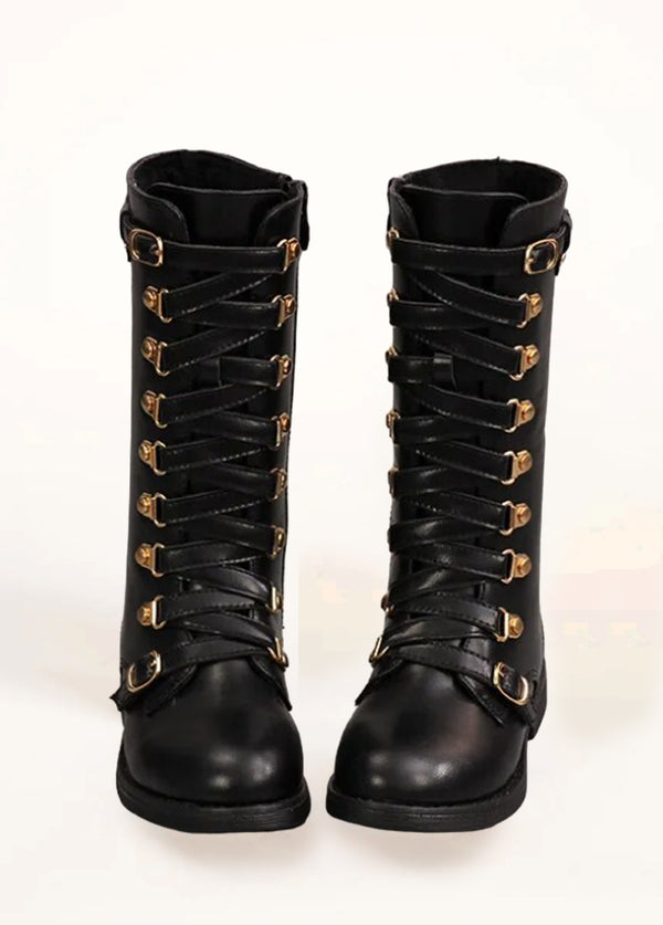 Little girl black lace up knee boots