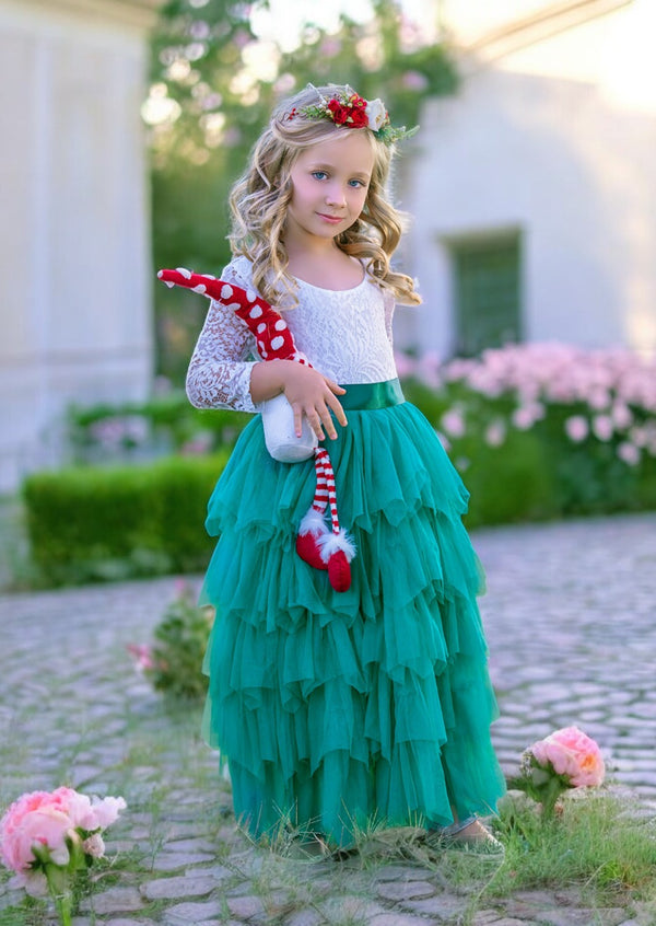 green layered tulle boho flower girl dresses with sleeves for weddings