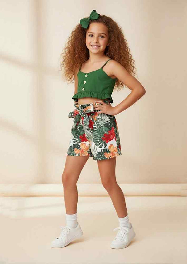 Green Button Top & Tropical Floral Shorts Set - 