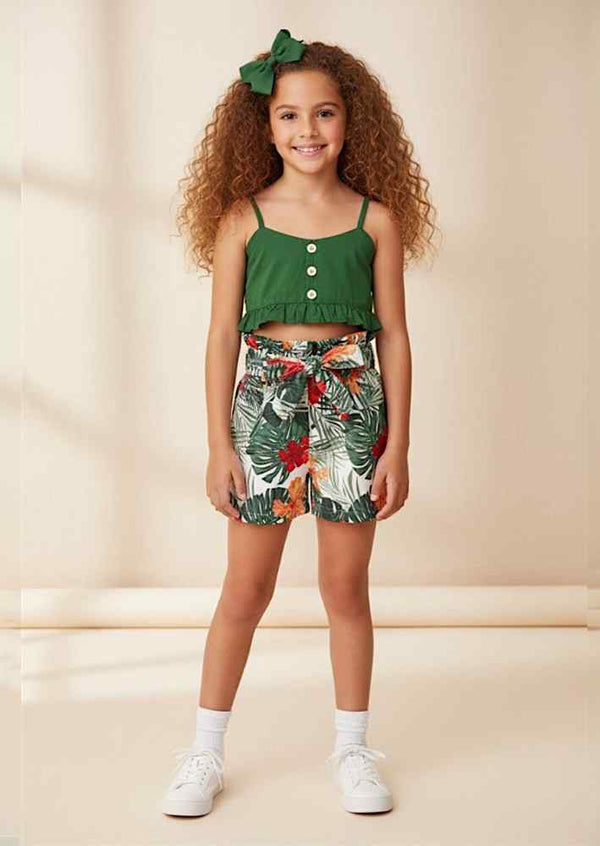 Green Button Top & Tropical Floral Shorts Set - 