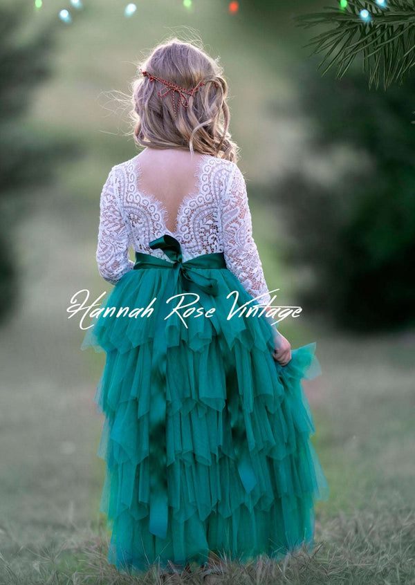 green layered tulle flower girl dress 