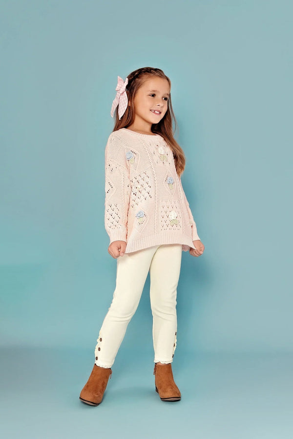 Handknit Flowers Pullover Sweater || Pink - 