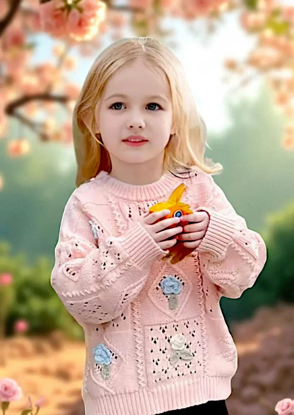 Handknit Flowers Pullover Sweater || Pink - 