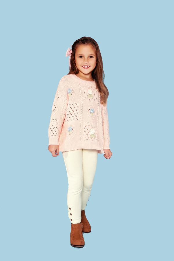 Handknit Flowers Pullover Sweater || Pink - 