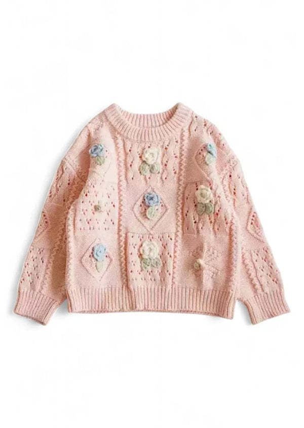 Handknit Flowers Pullover Sweater || Pink - 