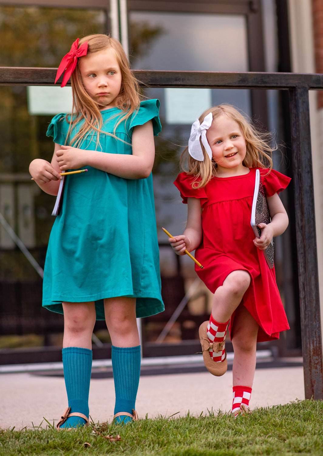 Girls Casual School Dress in Red and Teal