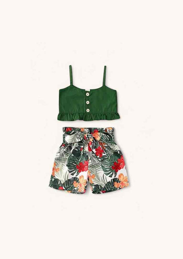 Girls Green Top & Tropical Floral Shorts Set | Boutique Summer Outfit