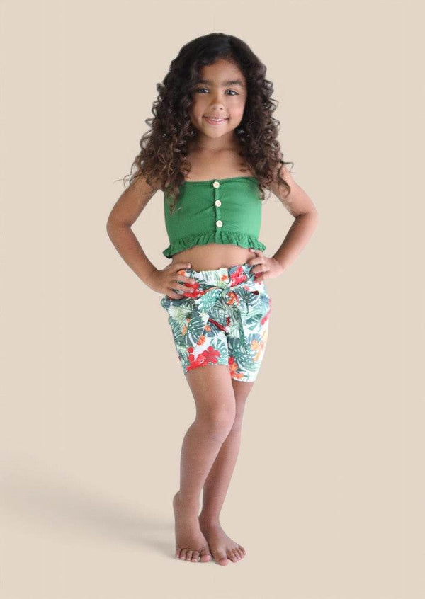 Girls Green Top & Tropical Floral Shorts Set | Boutique Summer Outfit