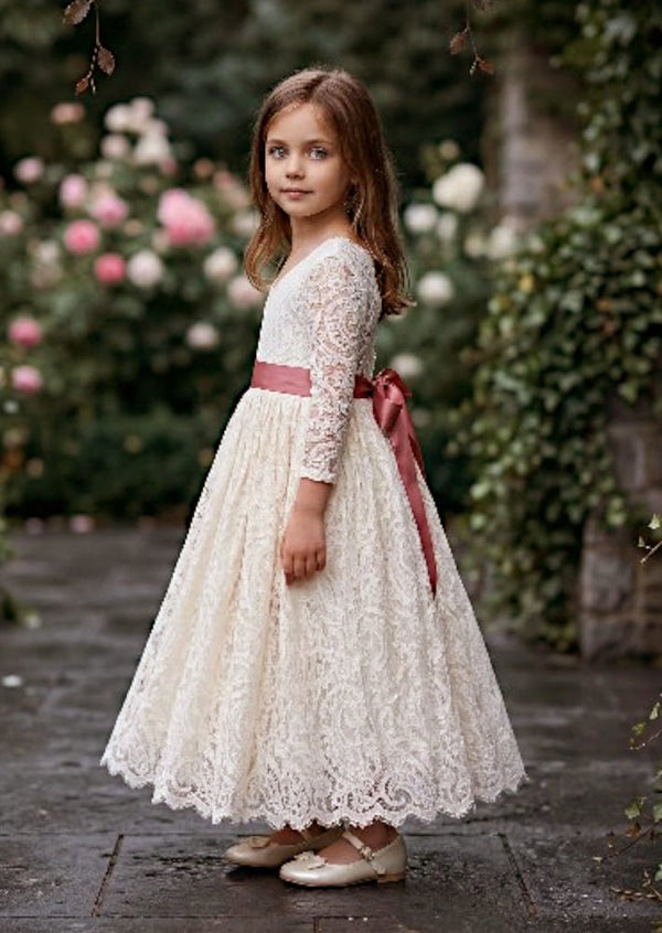 Ivory Long Sleeve Lace Flower Girl Dress - 