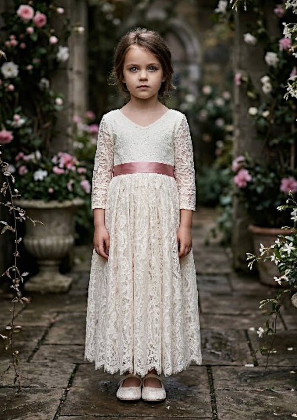 Ivory Long Sleeve Lace Flower Girl Dress - 