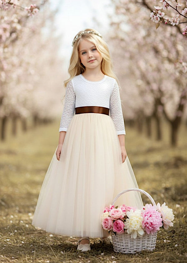 White & Ivory Flower Girl Dress  Lace Bodice, Feathered V‑Back & Tulle