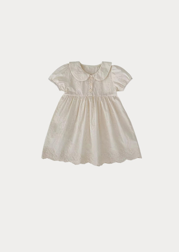 Toddler Girl Embroidered Eyelet Cotton Dress in Off White