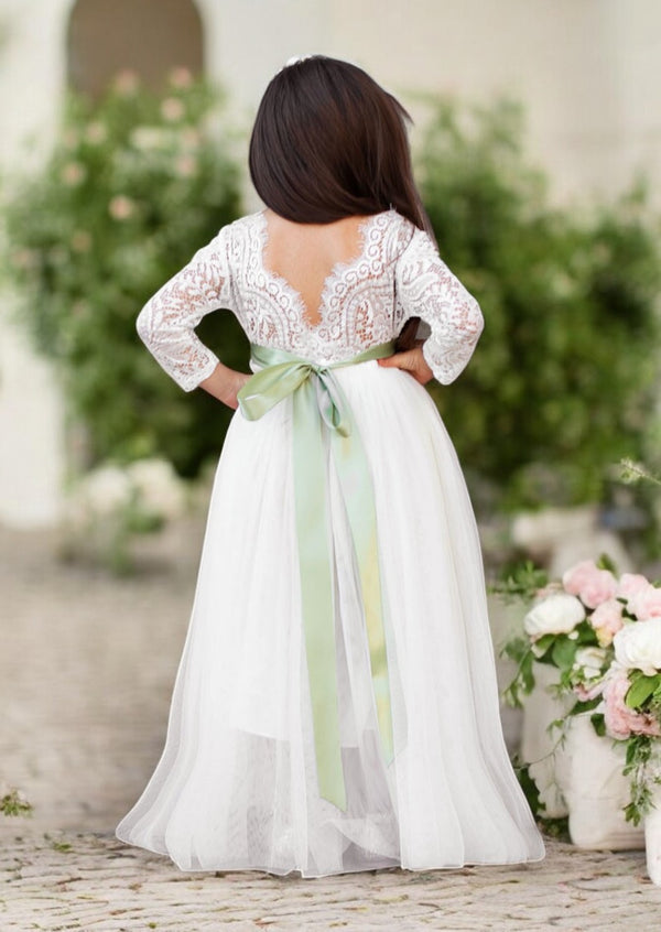 ivory flower girl dress with sage sash