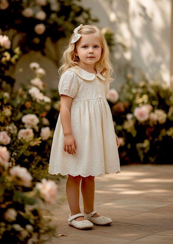 Toddler Girl Embroidered Eyelet Cotton Dress in Off White