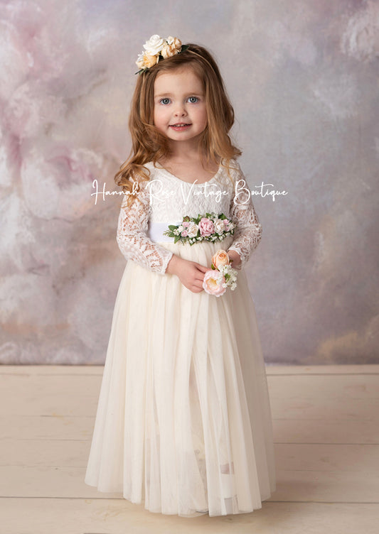 Long Sleeve Ivory Flower Girl Dress Vintage - Hannahrosevintageboutique.com