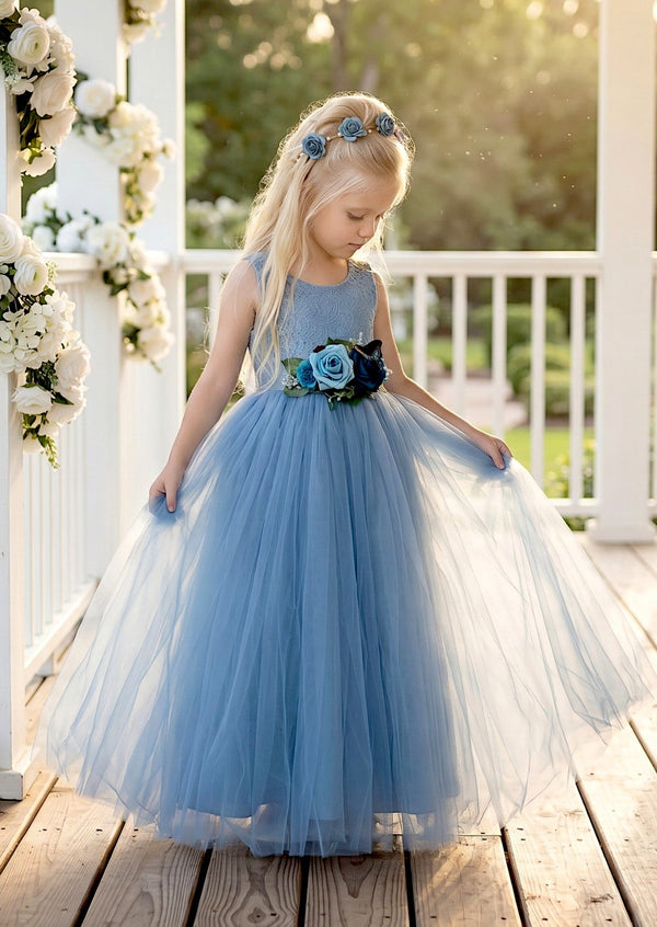 Dusty Blue Sleeveless Boho Flower Girl Dress Classic, Beach Weddings